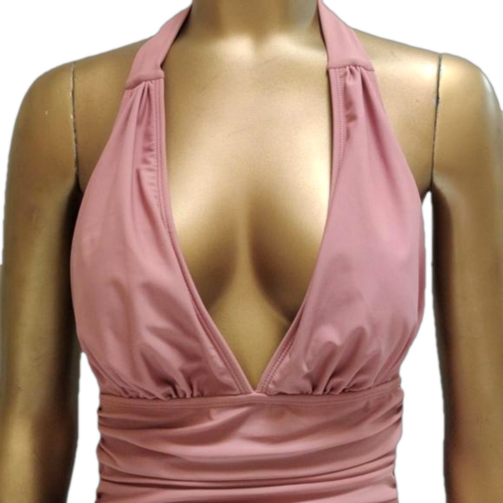 Cupshe Dusty Rose Pink Halter One Piece Swimsuit S Ruched Plunge NWT - Picture 6 of 8